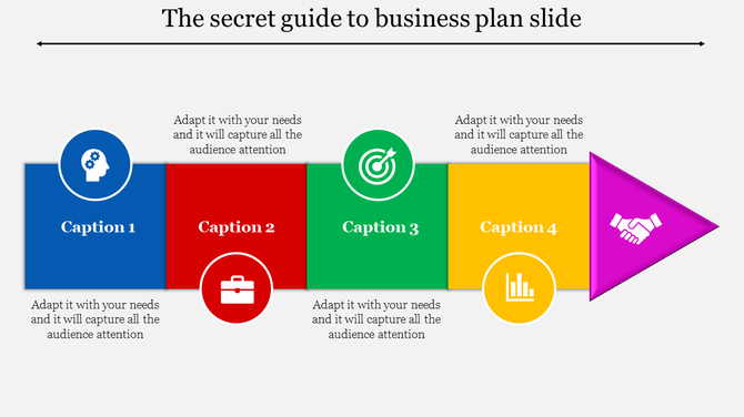 Horizontal layout with four blocks in blue, red, green, and yellow, leading to a pink arrow, each with icons and captions.