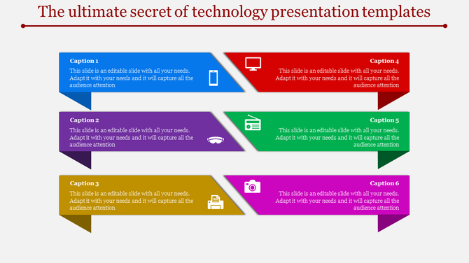 Colorful technology presentation slide with six numbered sections for content.