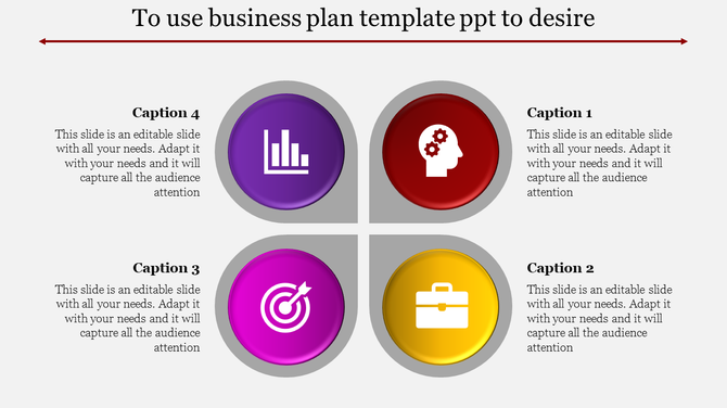 Business plan PowerPoint template with four icons in vibrant colors and captions.