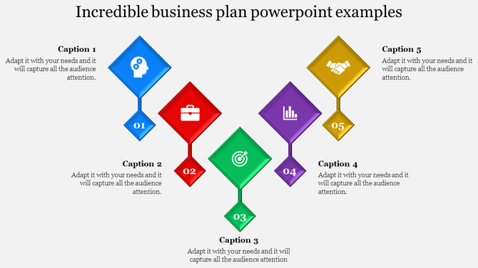 Business plan slide with five colorful diamonds in blue, red, green, purple, and yellow, numbered 01 to 05 with icons.