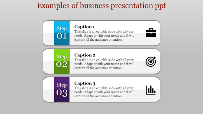 Step-by-step business slide with three sections, icons of briefcase, target, and bar chart in distinct colors.