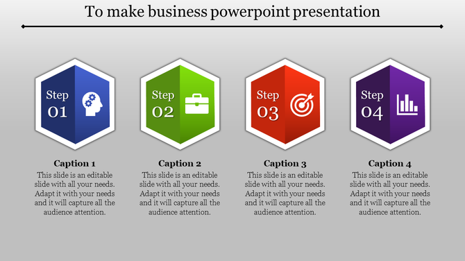 Slide with four hexagonal steps in blue, green, red, and purple, each labeled 01 to 04 with icons and captions.