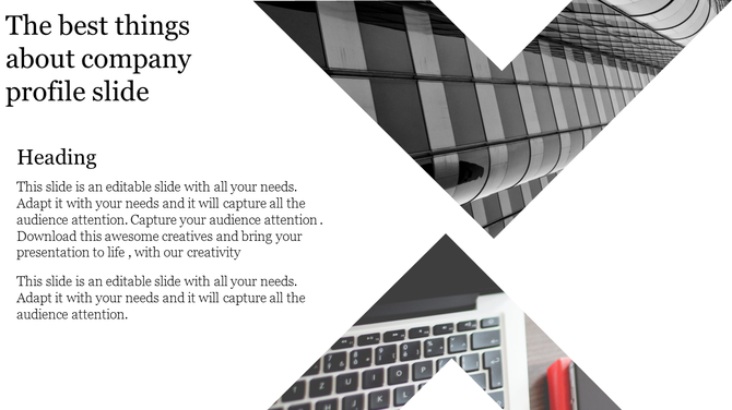 Grayscale company profile slide with text on the left and two modern photos in an X shaped design layout.