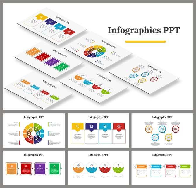 Various infographic slides for PowerPoint, displaying multiple colored diagram styles with text placeholders.