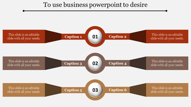 Business PowerPoint slide design with colorful sections for each caption and stage.
