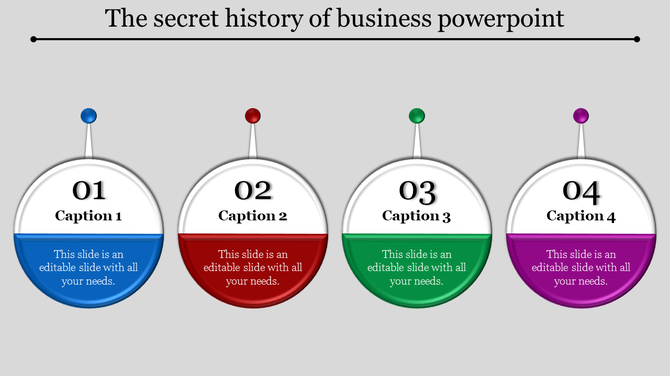 Business slide design with four round segments, numbered and color-coded blue, red, green, and purple, with caption areas.