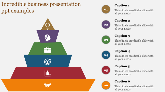 Colorful business pyramid divided into six layers with icons like light bulb, target, and bar graph.