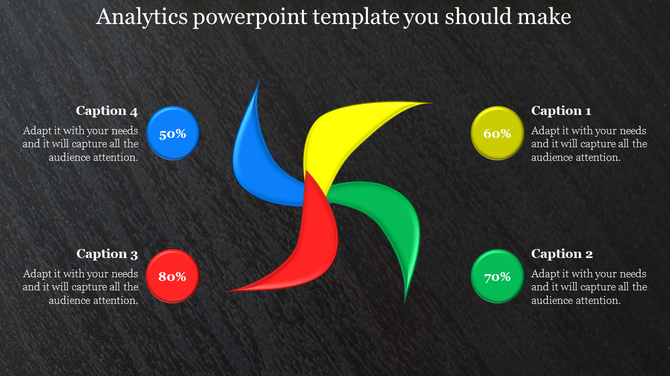 Dark background slide featuring a yellow, green, red, and blue pinwheel shape surrounded by captions with percentages.