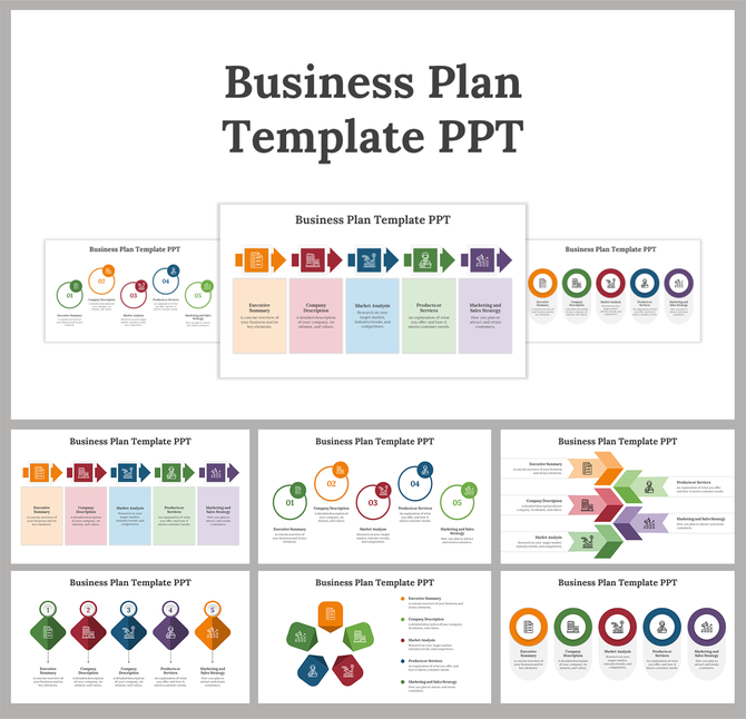 A series of business plan slides with colorful flowcharts, representing sections with various layout designs and icons.
