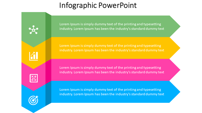 A colorful infographic slide with four arrows, each representing a step with a corresponding icon and text description.