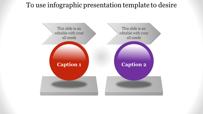 Infographic design featuring two colored circles labeled with two caption areas connected to gray arrows. 