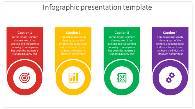 Four rectangular infographic boxes with red, yellow, green, and purple colors, each with captions and icons.