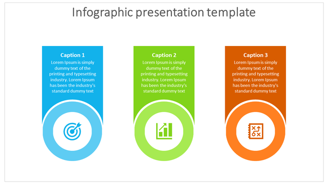 Infographic slide with three colored sections each with icons representing a target, a bar chart, and a list with checkboxes.