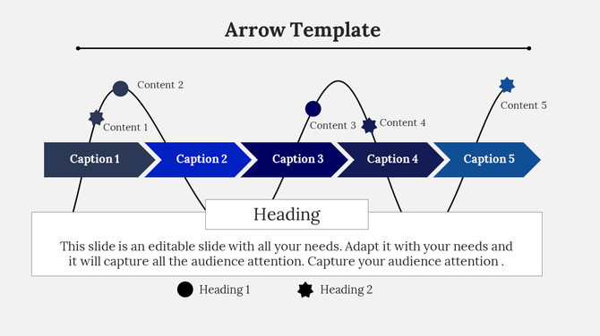 Arrow PowerPoint slide with five captioned sections for presenting key points with placeholder text.