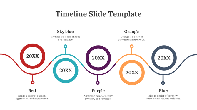 Timeline infographic with four colorful circular nodes labeled '20XX' in red, sky blue, purple, and orange.