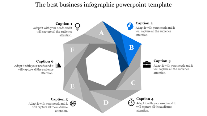 Hexagonal infographic with shaded gray sections, a blue highlight, and six captions with icons arranged in a circle.