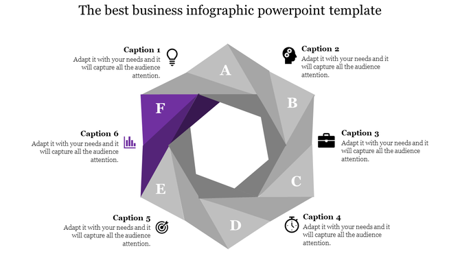 Infographic PPT slide with six sections, each featuring a different icon and captions A through F, arranged in a spiral.