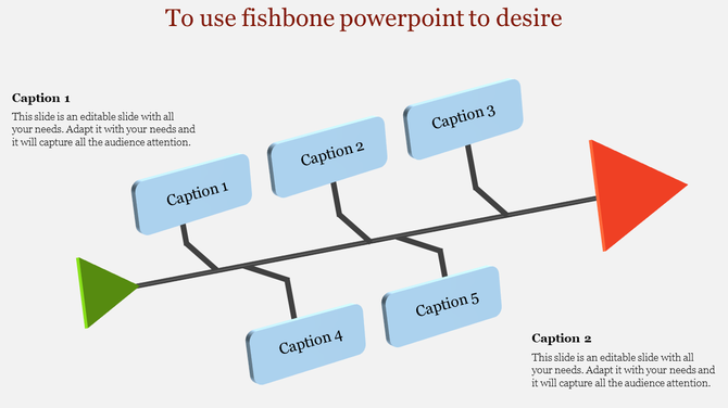 A fishbone diagram slide showing various categories leading to a central goal with caption sections.