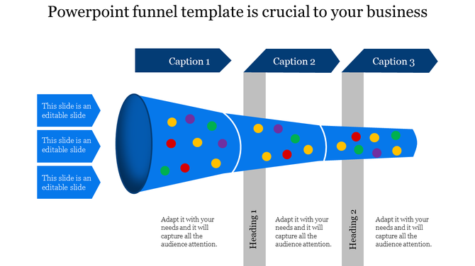 Blue funnel diagram with colorful dots flowing through three sections, labeled as captions, representing business processes.