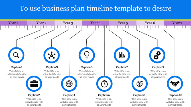 Business timeline design showing key milestones for seven years with icons inside blue circles and descriptive captions.
