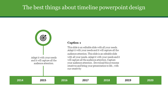 Timeline with green segments for years 2014–2020, featuring a target icon and caption aligned with 2015.