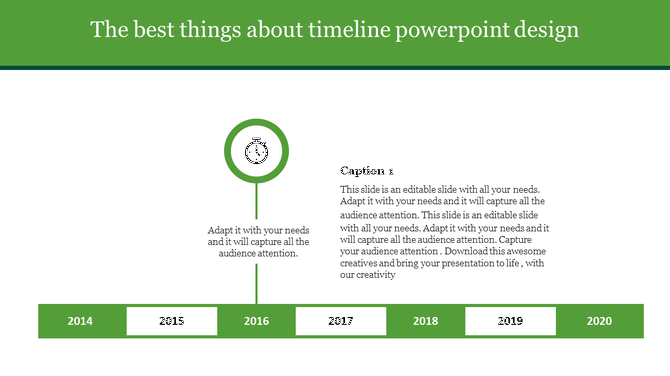 Horizontal timeline with green blocks for years 2014 to 2020, highlighting 2016 with a stopwatch icon and caption box.