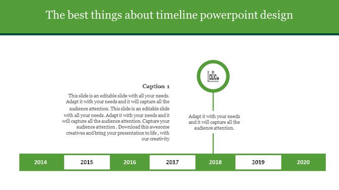 Timeline PowerPoint slide from 2014 to 2020 with a bar chart icon and a caption.