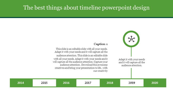 Horizontal timeline with green segments highlighting 2019 with a network node icon and descriptive caption.