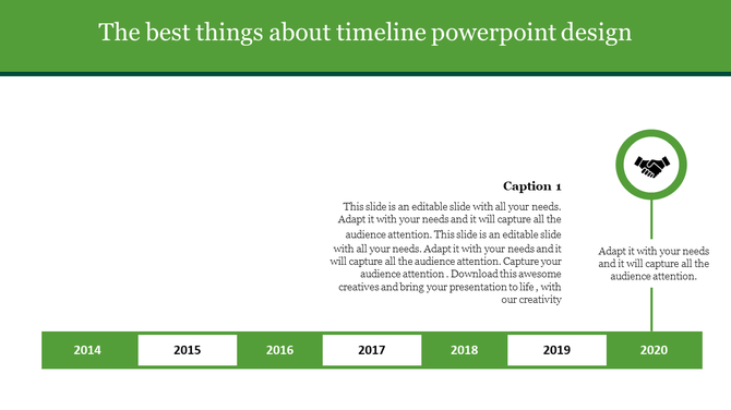 Horizontal timeline with years from 2014 to 2020 in green and white blocks, featuring a circular handshake icon
