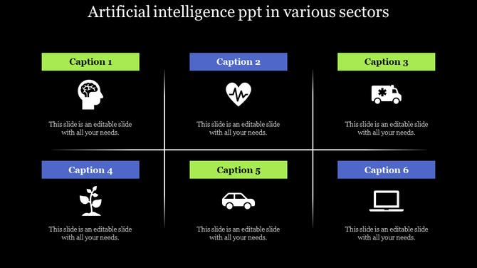 Artificial intelligence slide showing various sectors, including healthcare, transportation, and technology, with icons.
