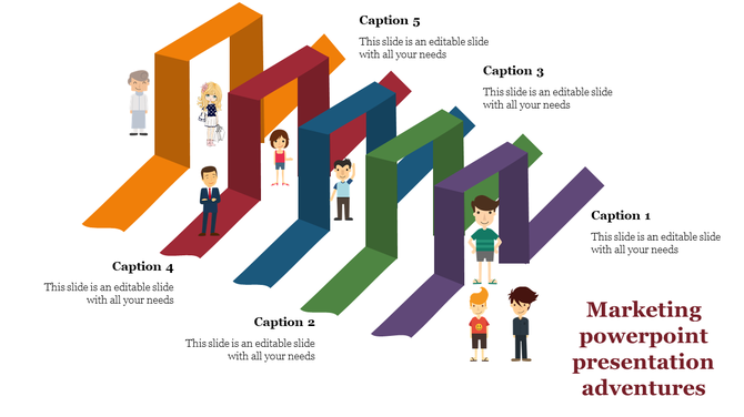 3D stair like structures in orange, red, blue, green, and purple with illustrated figures on a white background.