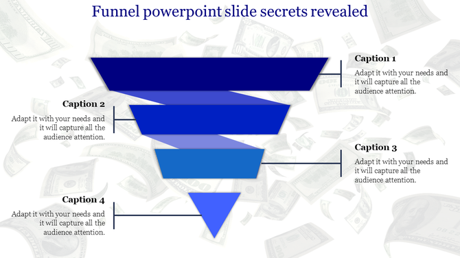 Blue funnel infographic with four layers, each labeled with captions, over a background of floating dollar bills.