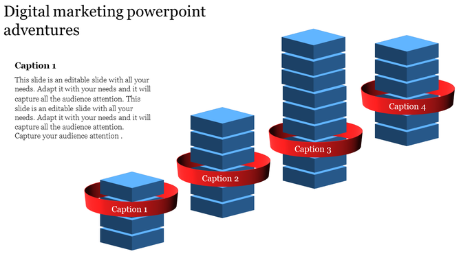 Digital marketing slide with ascending blue block towers, each wrapped with a red band and captioned sequentially.