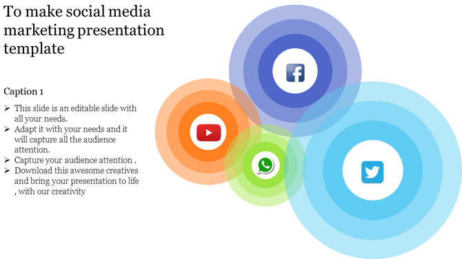 Social media marketing slide featuring overlapping concentric circles in orange, blue, green, and purple with platform icons.