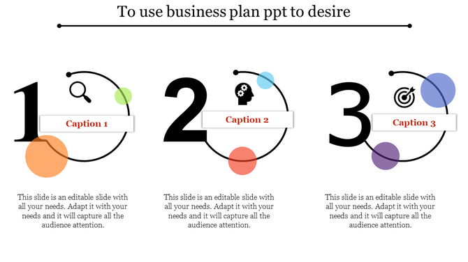 Business plan slide with three numbered steps, each accompanied by icons representing a magnifying glass, brain, and target.