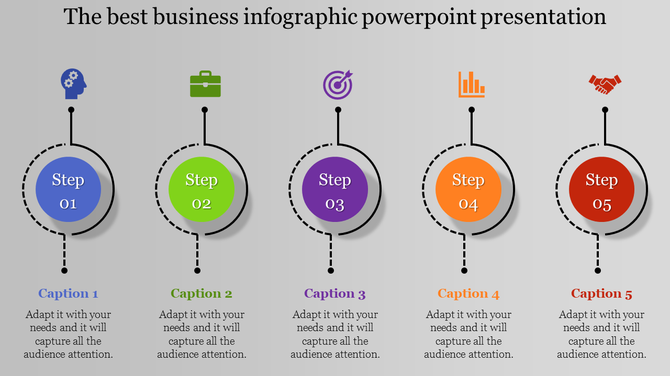 Infographic PPT slide with five steps, each represented by colorful icons for gear, briefcase, target, bar chart, and handshake.