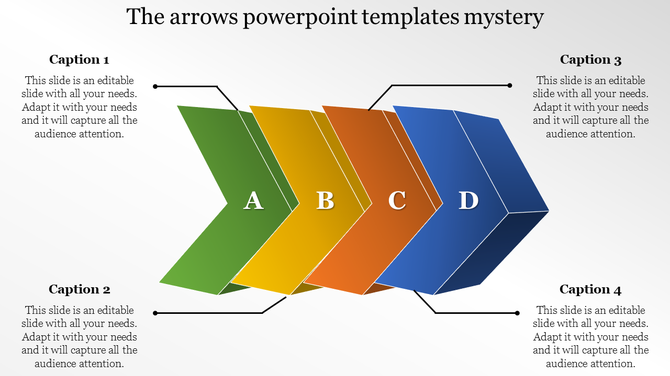 PowerPoint template featuring four colorful arrows with labeled sections and captions.