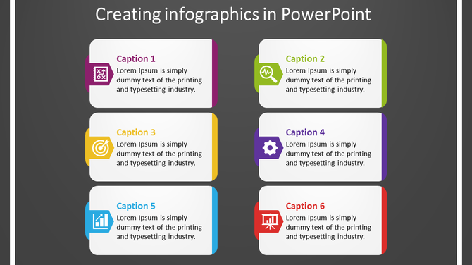 Six labeled captions in colorful rectangles with icons, arranged in two columns on a dark background.