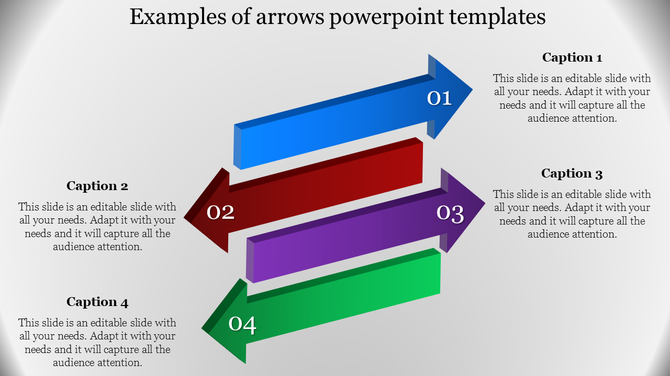 Gradient colored arrows in blue, red, purple, and green, each aligned with a caption describing their steps.