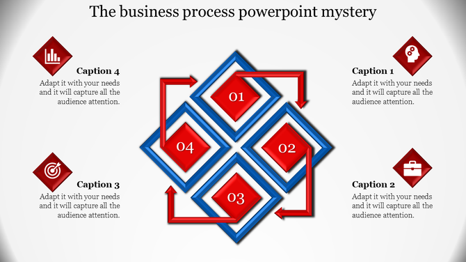 Red and blue diamond shaped flowchart representing business steps, labeled 01 through 04, with icons and captions.