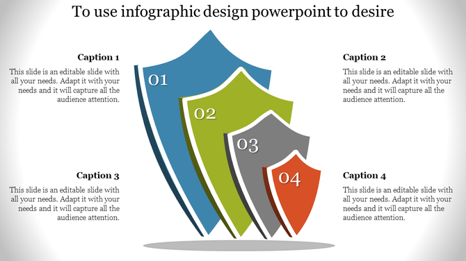 Infographic PowerPoint design slide featuring a series of colorful shield like shapes labeled with steps 1 to 4.
