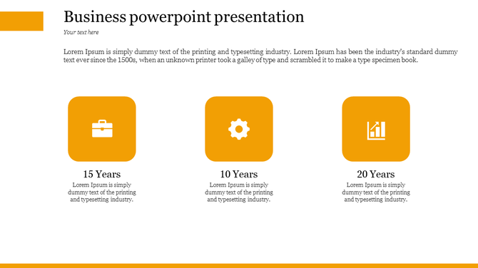 Experience timeline slide with three orange icons for business, settings, and growth, labeled 15, 10, and 20 years.