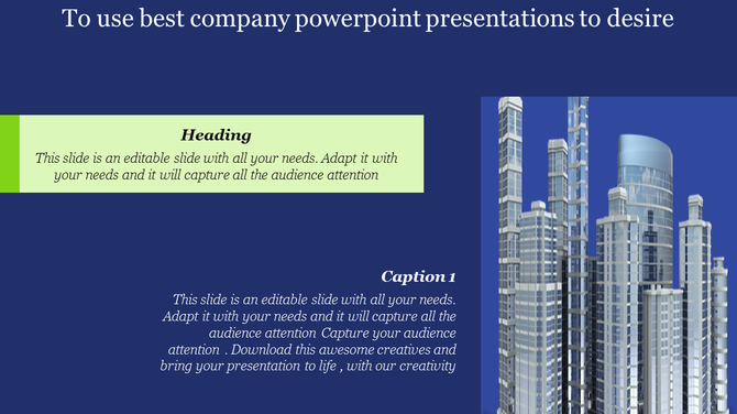 Modern buildings against a blue backdrop, featuring a green header section and white text areas for presentations.