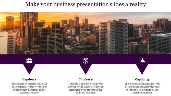Golden hour city view with a slide layout featuring three caption areas and business-related icons on a purple background.