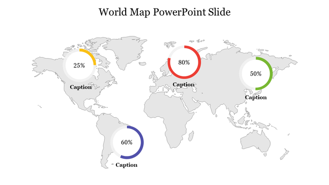 World map PowerPoint slide with percentage circles highlighting different regions with percentages and captions.