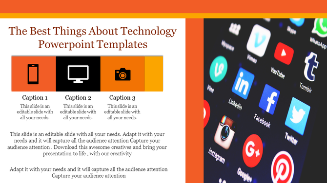 Brightly colored layout with orange and black sections showcasing technology and a social media app display.