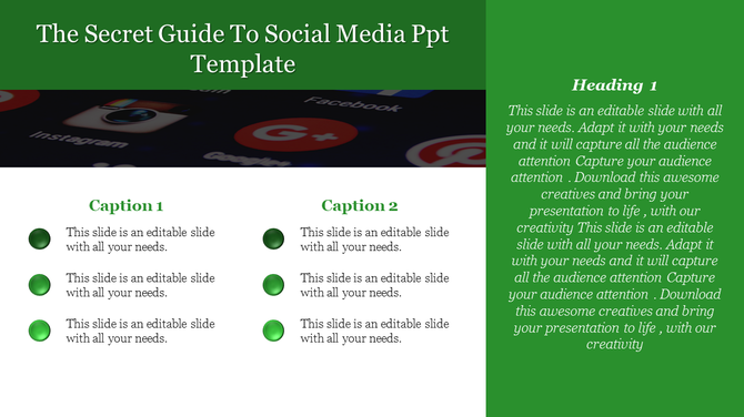 Social media PowerPoint template with icons for Facebook, Instagram, and Google+ with captions and placeholder text.
