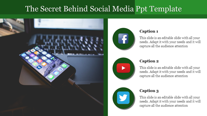 Social media PowerPoint template featuring icons for Facebook, YouTube, and Twitter on a smartphone with captions.