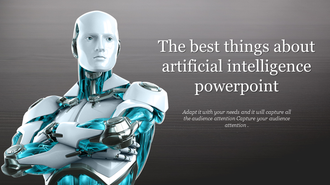 PowerPoint design with a humanoid robot and an introduction to artificial intelligence with placeholder text.