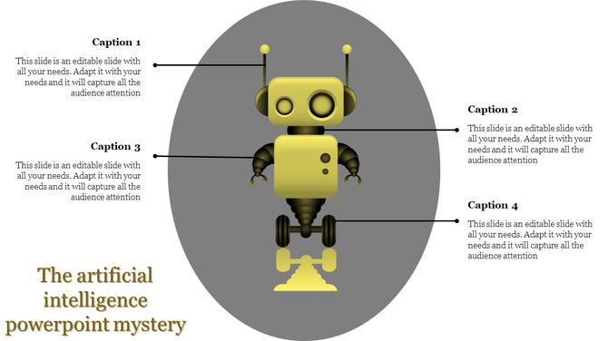 Modern AI slide design featuring a gold robot with labels pointing to its head, arms, and base on a gray backdrop.